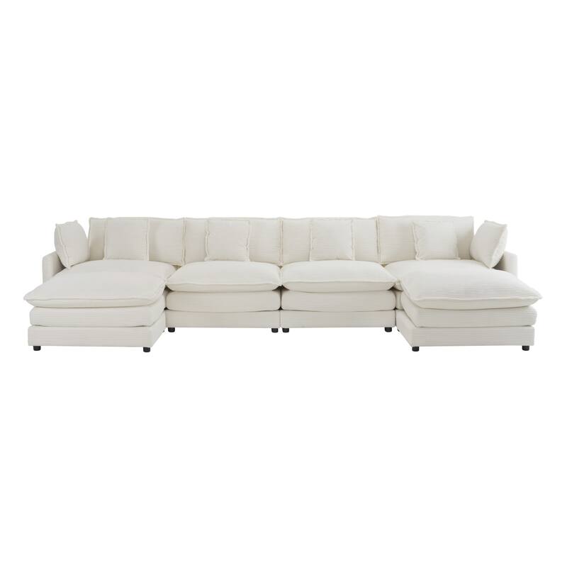 149.6" Corduroy U-Shaped Sectional Sofa with 2 Ottomans and Storage Pockets