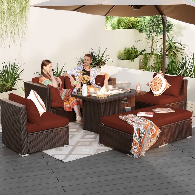 FINCATI Outdoor Wicker Patio Furniture Conversation Sectional Sofa Set - 7PCS-B - Burgundy