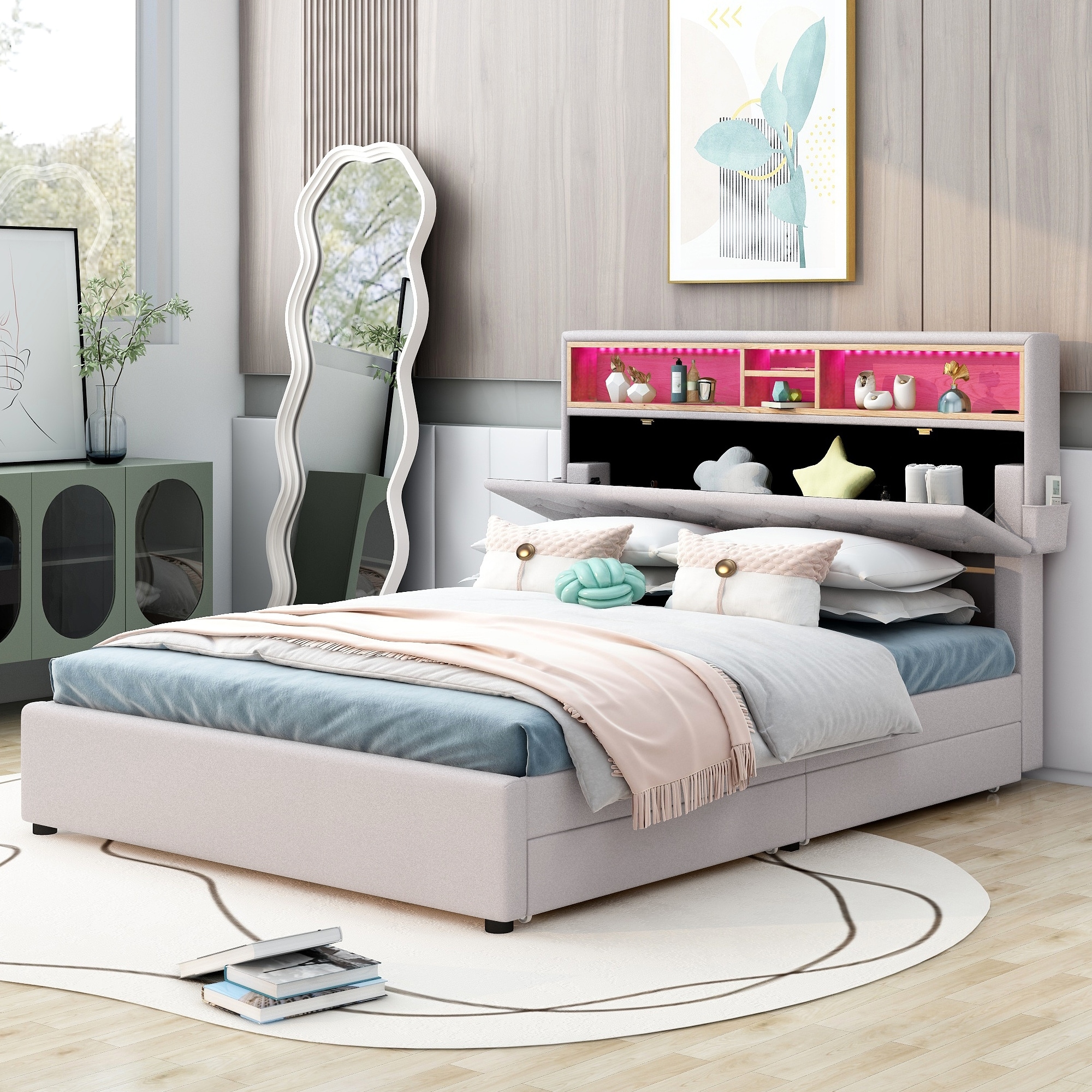 Platform bed with shop storage and headboard