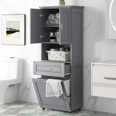 24.7 in. W x 16.3 in. D x 69.9 in. H Linen Cabinet with Open Shelf and Tilt-Out Laundry Hamper