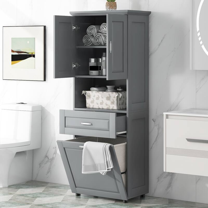 Tall Bathroom Linen Tower with Cabinet, Drawer and Hamper - Grey