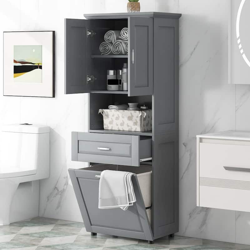 Waterproof Bathroom Cabinet with Tilt-Out Laundry Basket, Large Double Door Storage Cabinet with Adjustable Shelf and Drawer - Grey