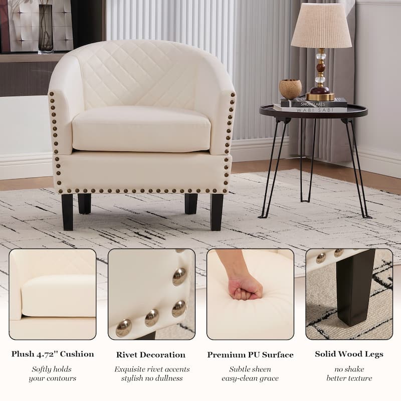 HOMEFUN Leather Upholstered Nailhead Wooden Frame Barrel Club Chair with Solid Woood Legs