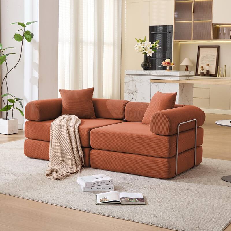 Folding Mattress Lounge Sofa with Corduroy Cushions, Convertible Sofa Bed Sleeper Sofa with Removable Armrests