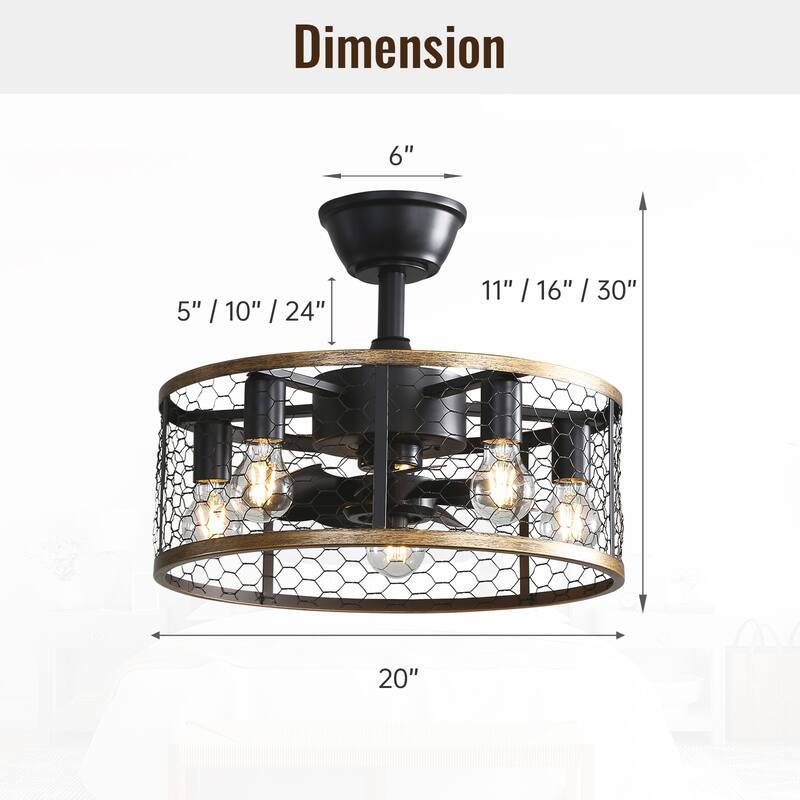 20" Caged Ceiling Fan 5 Pieces Bulb Lights Kit, Remote Control,Matte Black