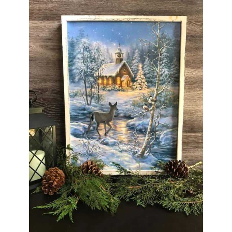 White Blue "The Chapel" LED Christmas Framed Wall Decor 24"x18"