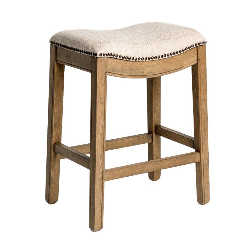 HomeRoots 26" Beige and Brown Fabric and Solid Wood Backless Counter Height Bar Chair
