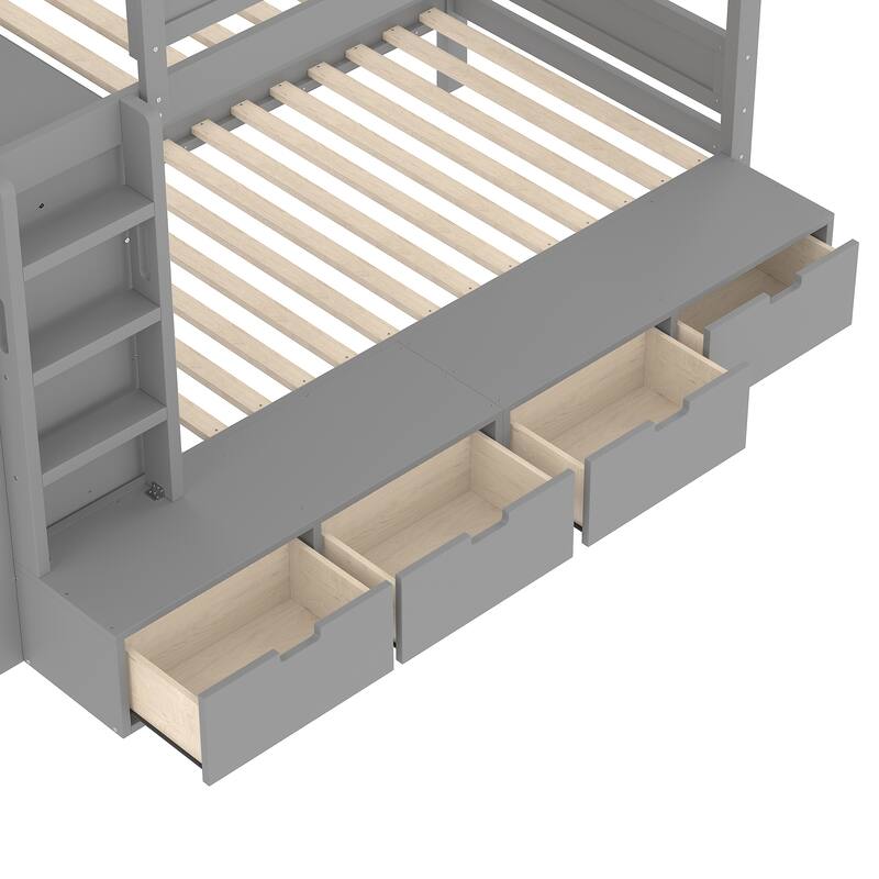 Twin Over Twin/Twin XL Over Full Bunk Bed Solid Wood Storage Bedframe with Built-in Wardrobe, 4 Under Drawers and Guardrails