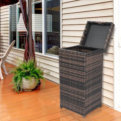 Iron Frame Rattan Trash Can With Top Cover, Brown