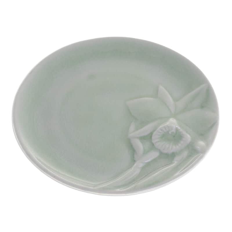 Novica Handmade Lanna Orchid Celadon Ceramic Dessert Plate