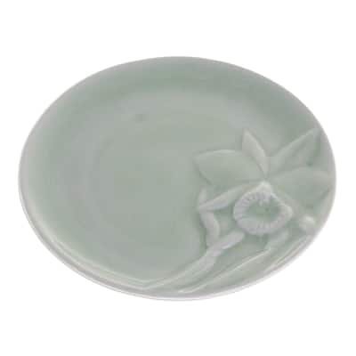 Novica Handmade Lanna Orchid Celadon Ceramic Dessert Plate