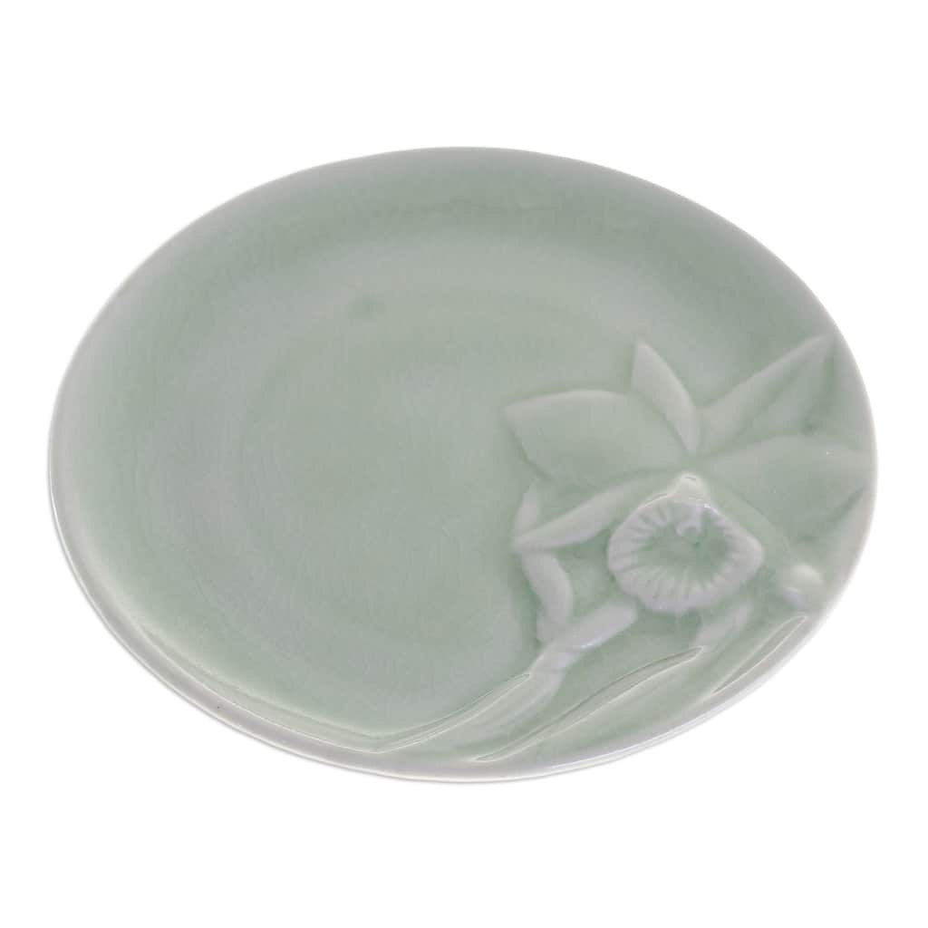 Novica Handmade Lanna Orchid Celadon Ceramic Dessert Plate
