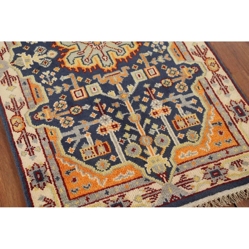 Blue Geometric Kazak Indian Accent Rug Handmade Wool Carpet - 2'11"x 5'0"