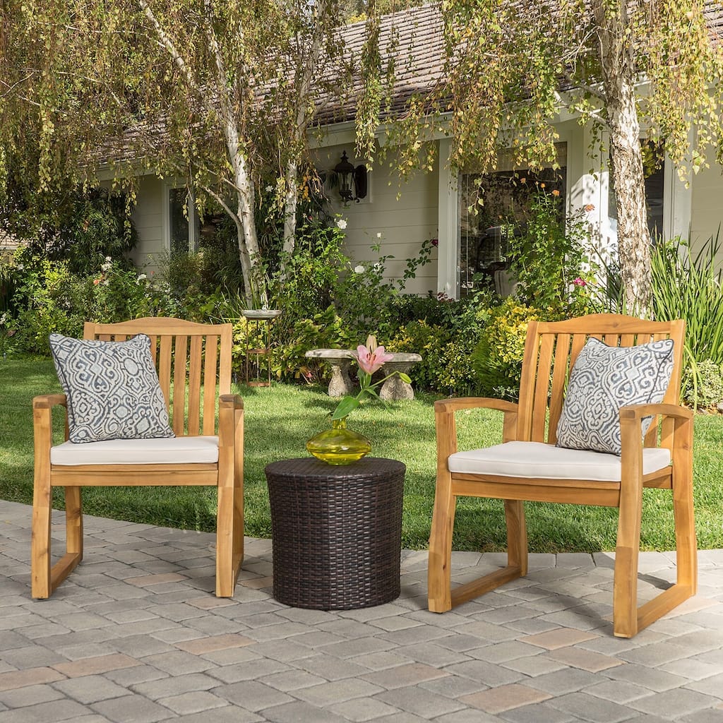 Avalon Outdoor 3-piece Acacia Wood Chat Set with Round Wicker Table by Christopher Knight Home