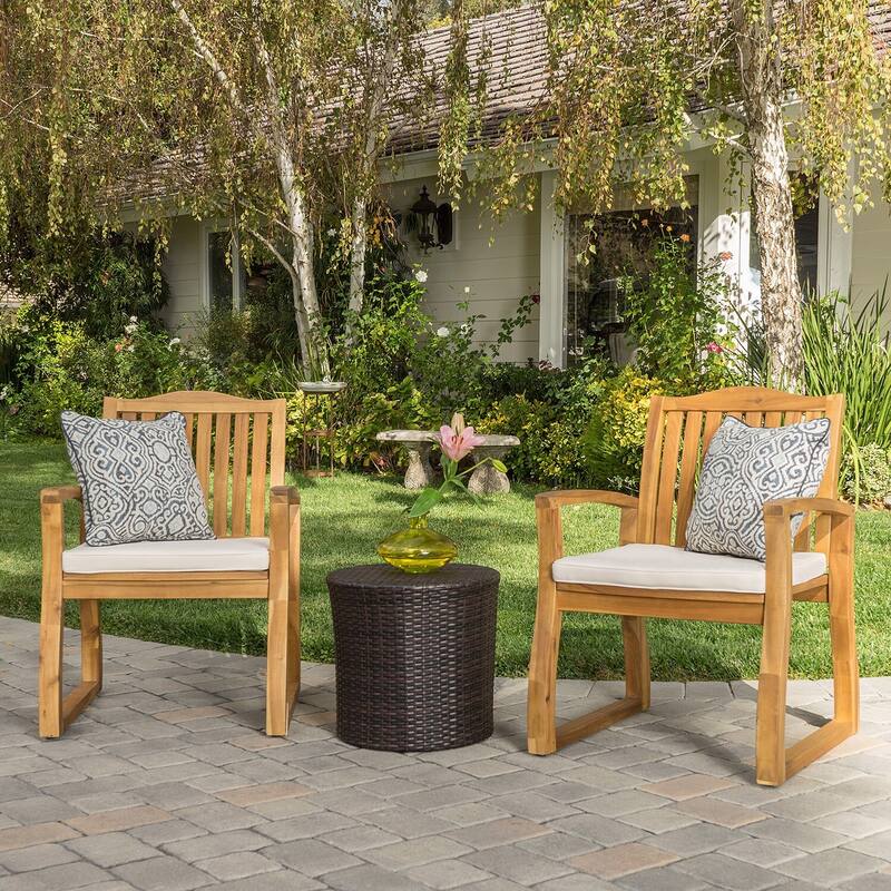 Avalon Outdoor 3-piece Acacia Wood Chat Set with Round Wicker Table by Christopher Knight Home - Brown