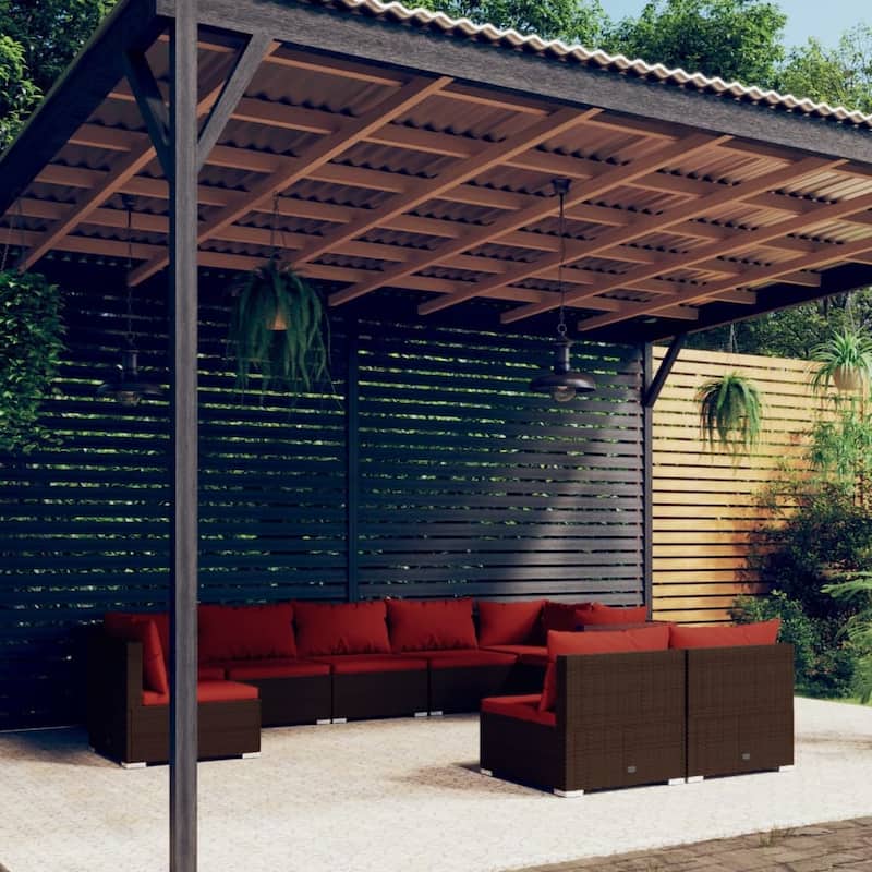 vidaXL Patio Lounge Set Outdoor Sectional Sofa Set Table Garden Poly Rattan - 27.6" x 27.6" x 23.8" - Brown/Cinnamon red