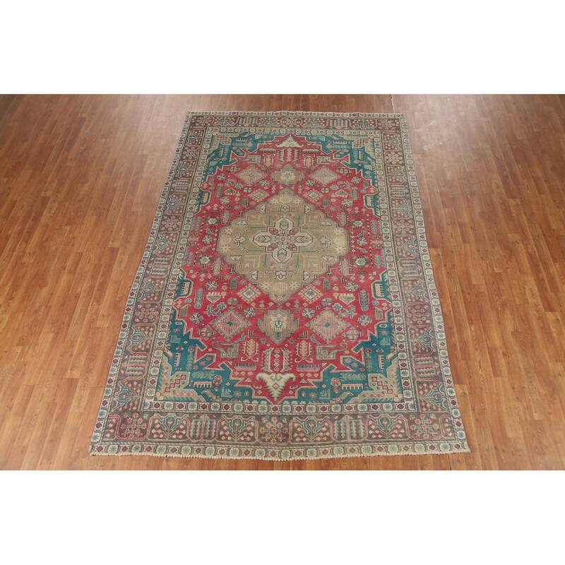 Pink Red Geometric Tabriz Persian Area Rug Hand-Knotted Wool Carpet - 6'6"x 9'10"