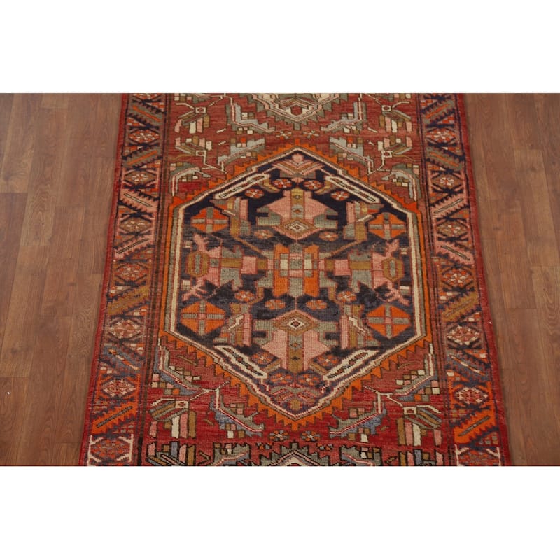 Geometric Hamedan Persian Vintage Runner Rug Hand-knotted Wool Carpet - 3'6"x 10'6"