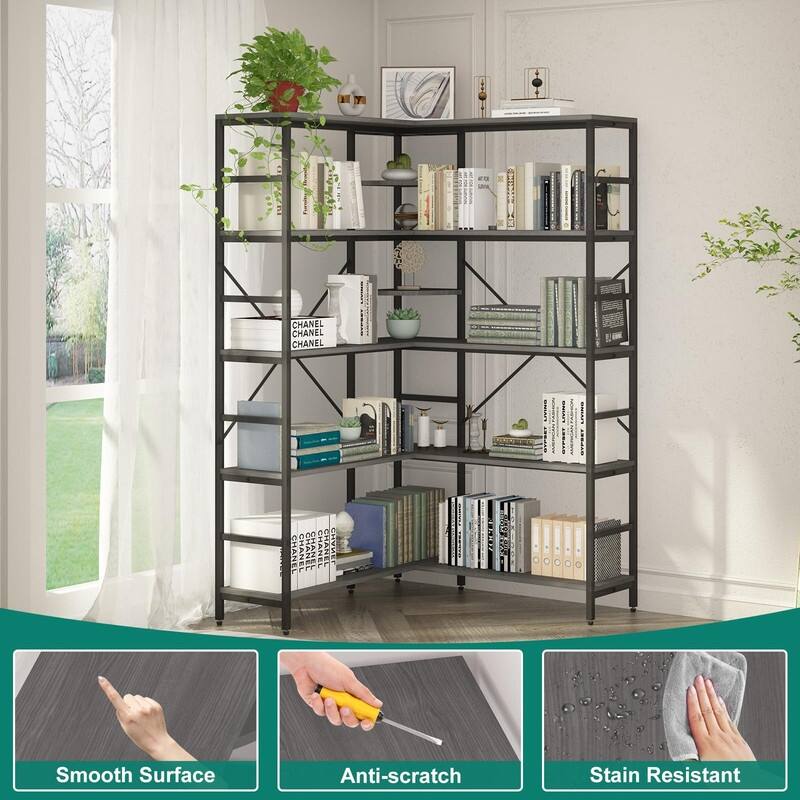 4-Tier L Shaped Industrial Bookshelf Corner Bookcase with Open Shelves and Curved Panels