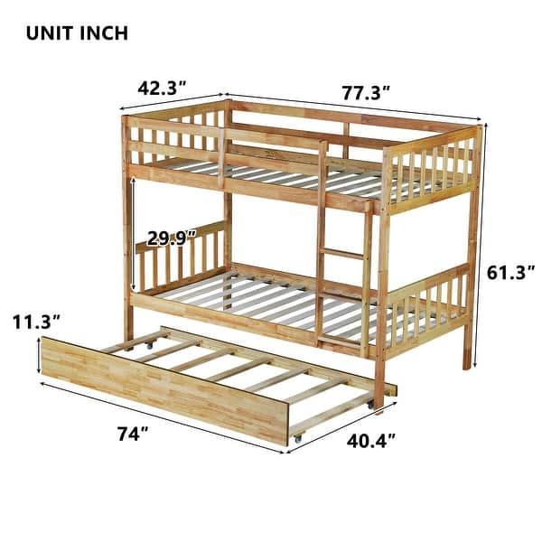 Natural Twin over Twin Rubber Wood Bunk Bed with Trundle, Ladder and Safety Guardrails