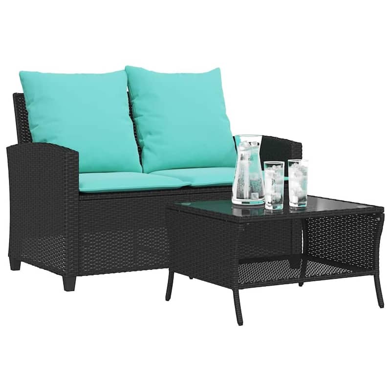 vidaXL Patio Sofa 2-Seater with Cushions&Table Black/Brown Poly Rattan - 45.7" x 28.3" x 31.1" - Black Turquoise