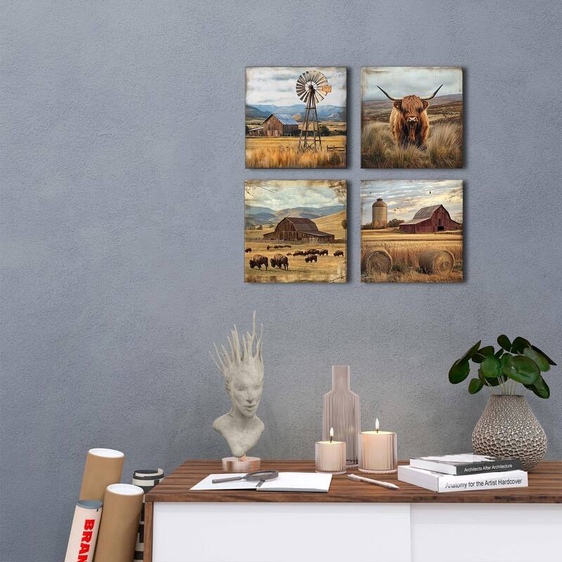 Cow Wall Art Farmhouse Kitchen Decor Rustic Windmill Barn
