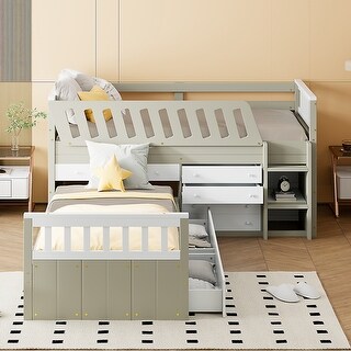 Twin Size L-shaped Loft Bed and Twin Platform Bed with 7 Drawers and Guardrails