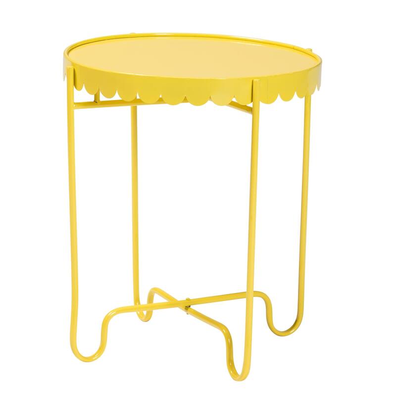 Laverne Metal Side Table with Scalloped Tray Top - Round Accent Table with Decorative Base for Indoor or Semi-Outdoor Use - Yellow