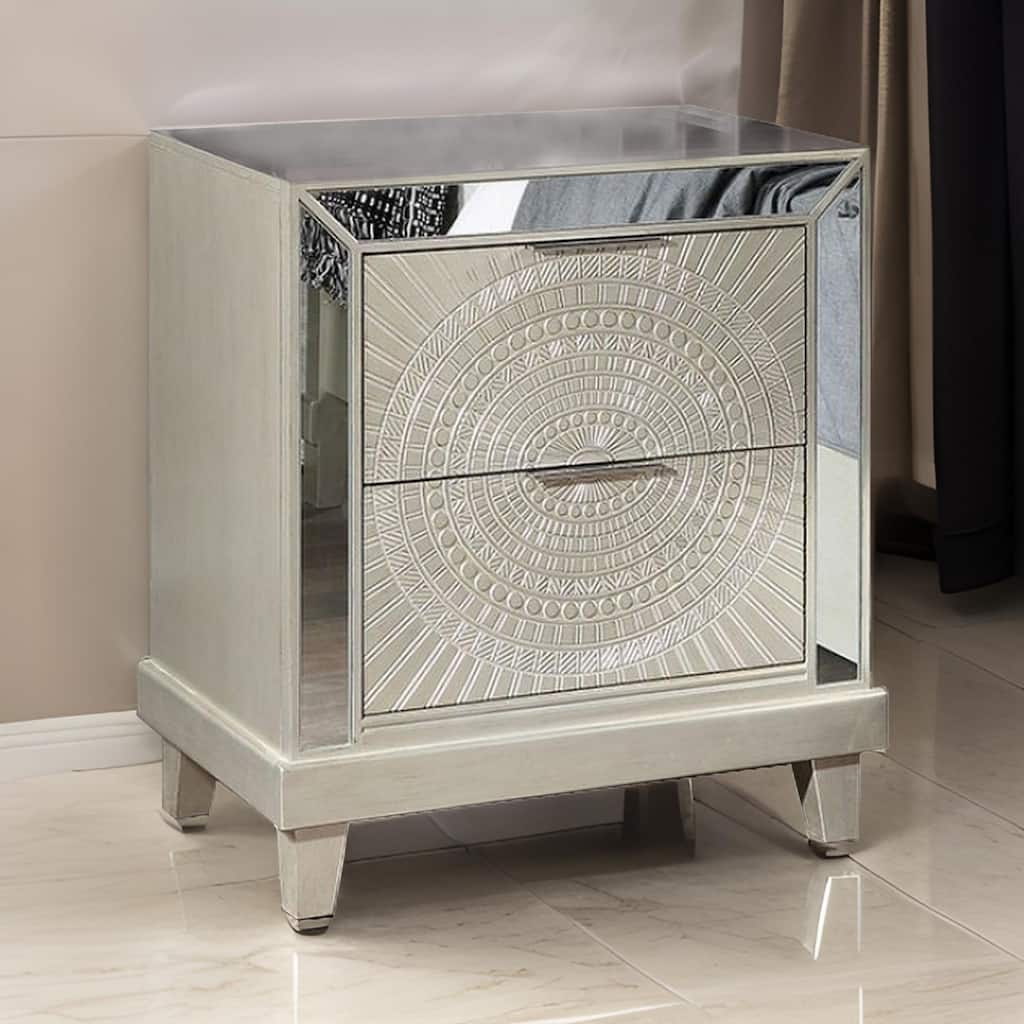 Pok 28 Inch Modern 2 Drawer Nightstand, Beveled Mirror Trim, Champagne