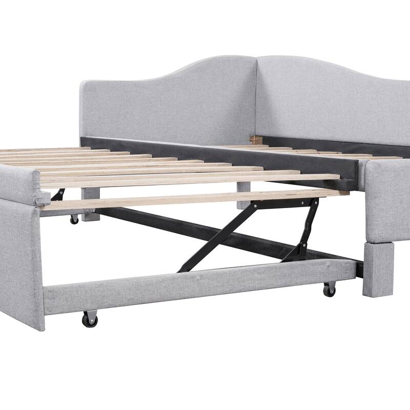 Twin Size L-Shaped Upholstered Daybed with Pull-Out Trundle, Linen Fabric, Convertible to Irregular King