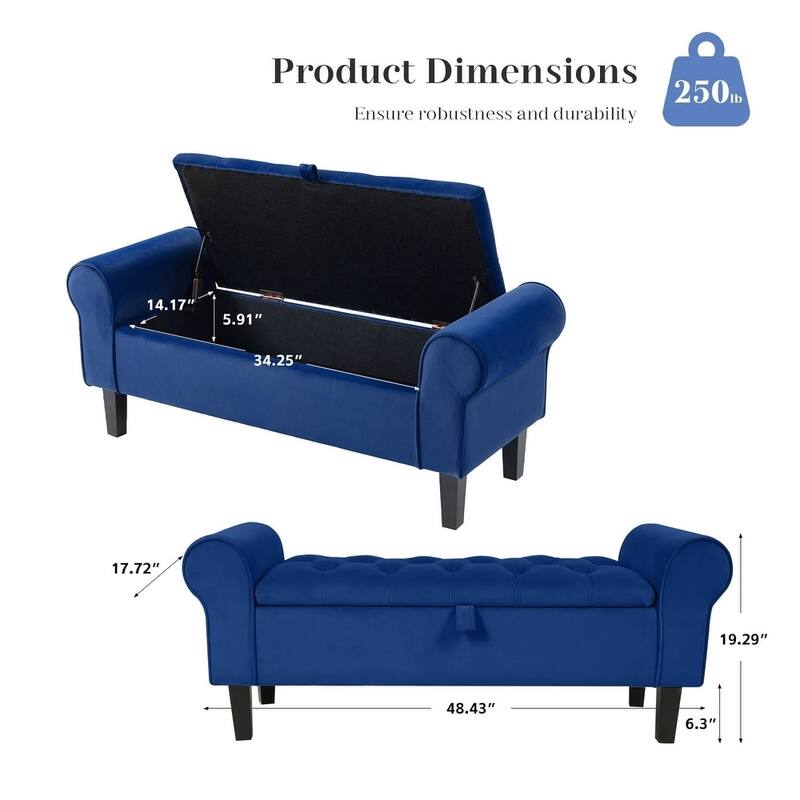 Upholstered Velvet Storage Ottoman Bench with Lift-Top Storage and Solid Rubberwood Legs