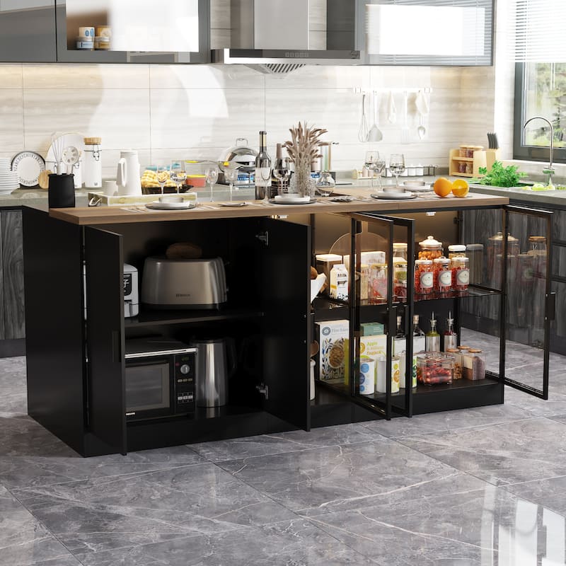 Kitchen Island with Drawers & Glass Cabinets, Converts to Office Desk