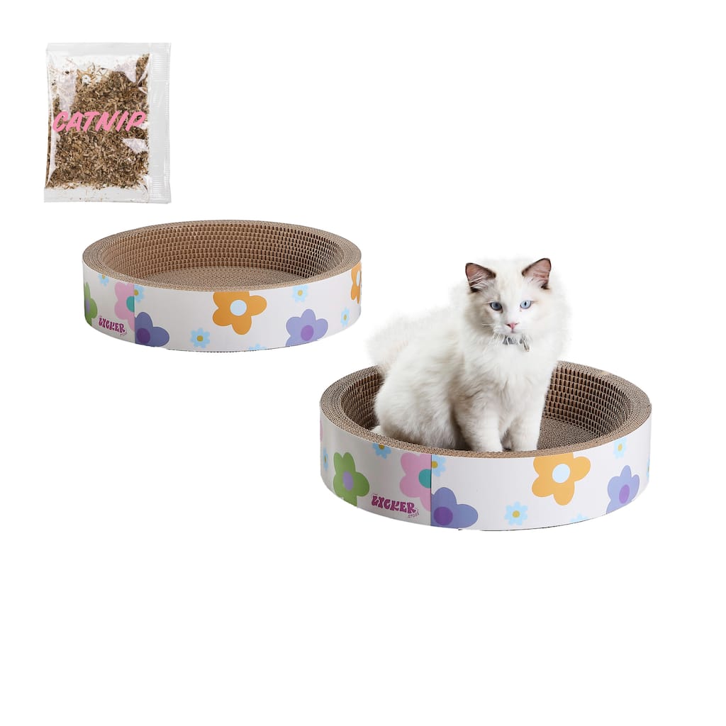 Daisy 18.13" Modern Cardboard Bowl Cat Scratcher with Catnip, White/Multi (Set of 2)
