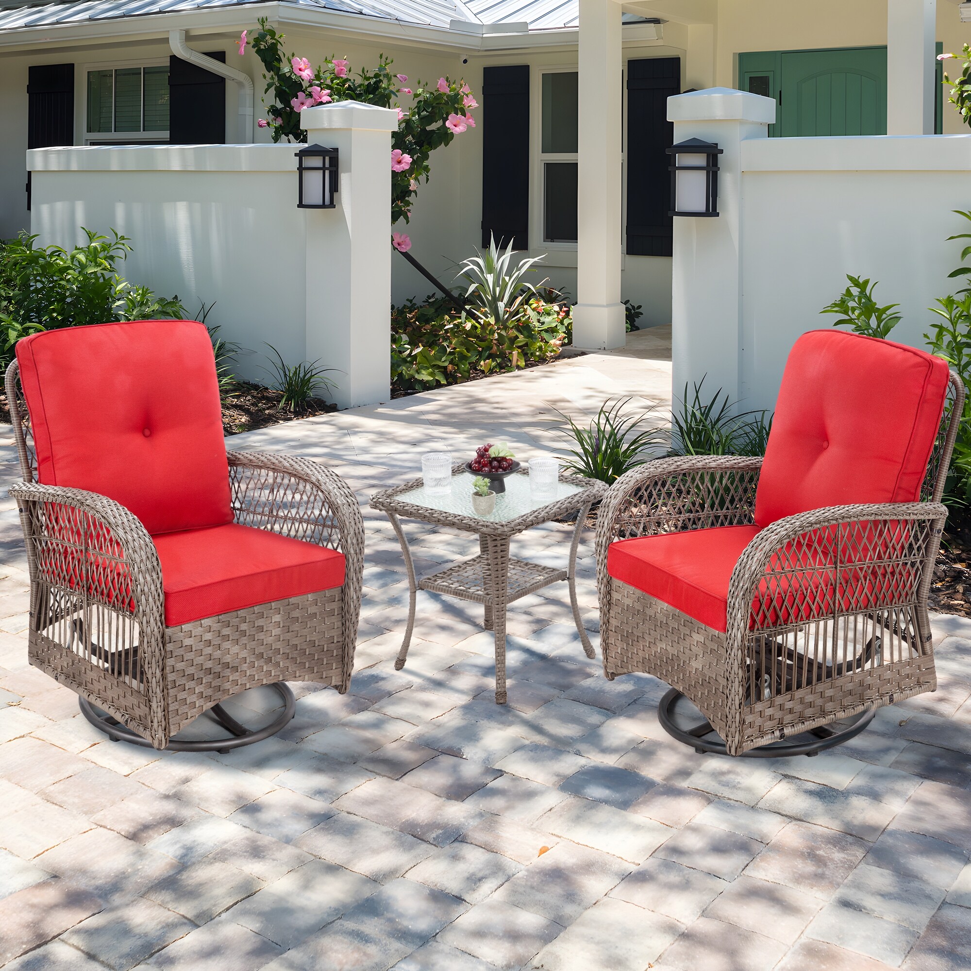 Cozywor 3-Piece Wicker Outdoor Patio Swivel Rocking Chair