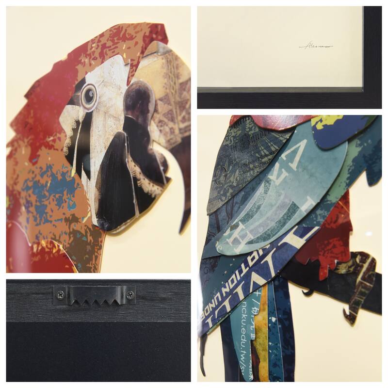 "Tropical Parrot" Alex Zeng's dimensional collage, under glass & a black shadow box frame