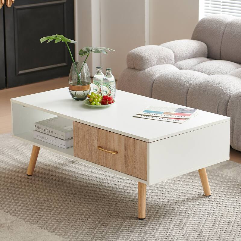 Rectangle Coffee Table with Solid Wood Legs, Sliding Drawer for Storage, Modern Table for Living Room