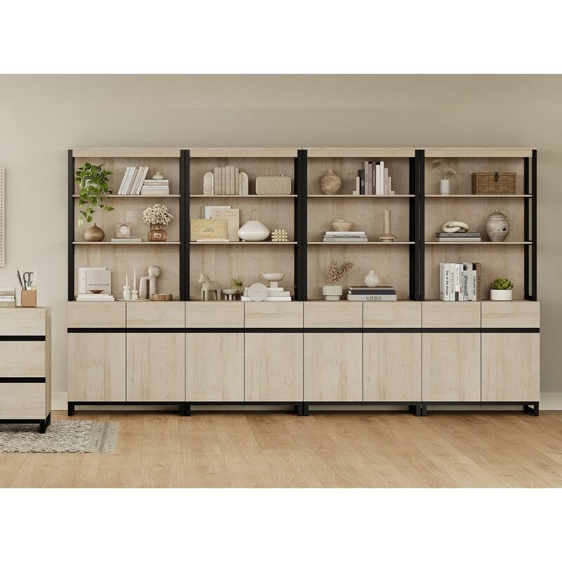 WAMPAT Modern 72" Tall Bookcase with Metal Base and Adjustable Shelves, Library Book Shelf with Storage Cabinet - 4 Piece - Beige