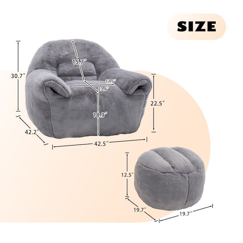 Comfy Bean Bag Sofa With Back Support, With Footstool,Faux Fur Bean Bag Chair For Adults And Kids