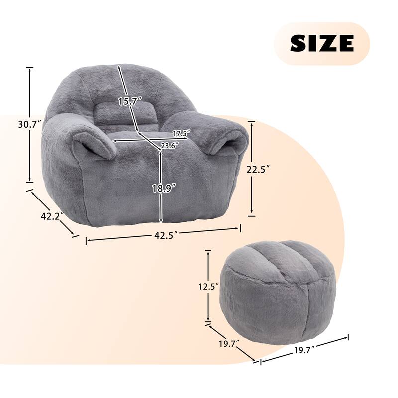 Faux Fur Bean Bag Chair with Back Support & Footstool - Comfy Floor Sofa for Adults & Kids, Living Room, Bedroom (2 Options)
