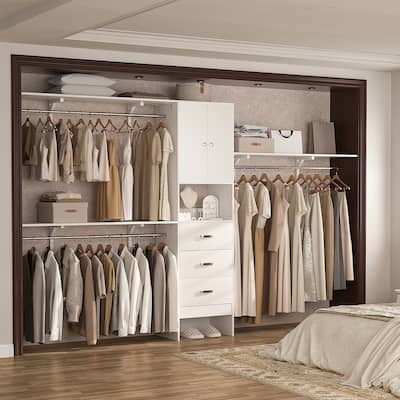 Rackcog 20.3'' - 120'' Large Closet Organizer with Doors, Closet System with Drawers and Hanging Rods (can be cut to fit)