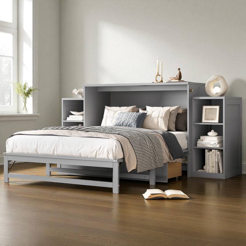 Full/Queen Size Murphy Bed with Storage Drawers and Shelves, Space-Saving Foldable Wall Bed for Guest Room