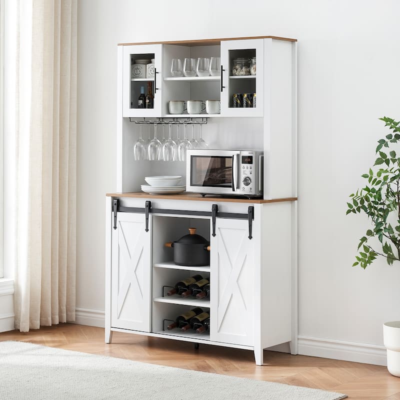 Tall Farmhouse Bar Cabinet with Sliding Barn Door Coffee Bar Sideboard Table