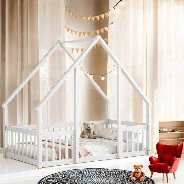 slide 2 of 32, Twin Wood House-Shaped Floor Bed with Fence, Guardrails Platform Bed House Bed White