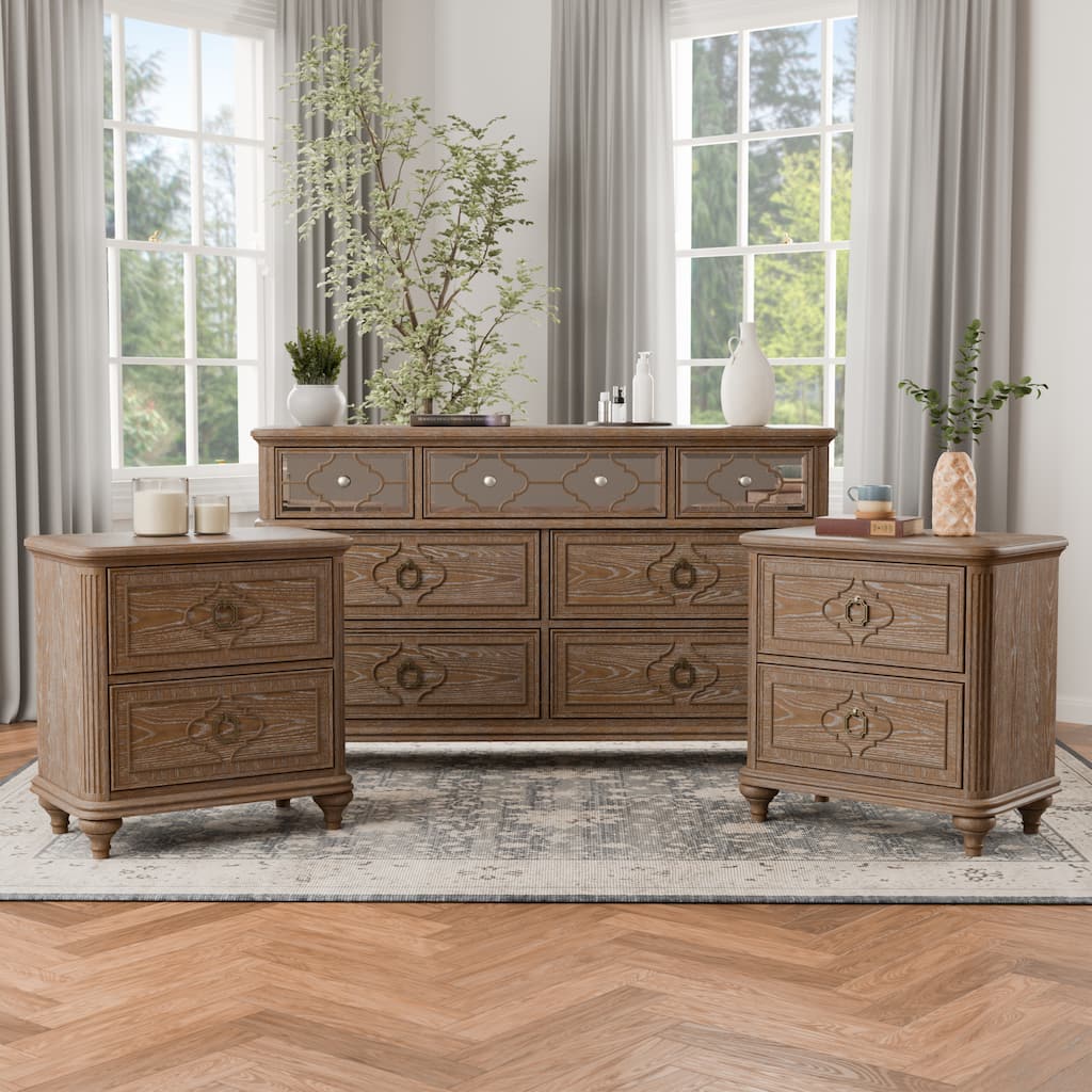 Furniture of America Aveline Modern 3-Piece Rustic Oak Dresser and 2 Nightstand Bedroom Set
