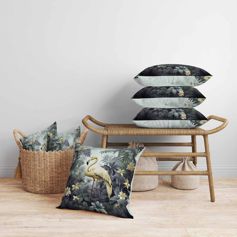 Tropical Flamingo Haven Faux Suede Reversible Throw Pillow Green and Yellow