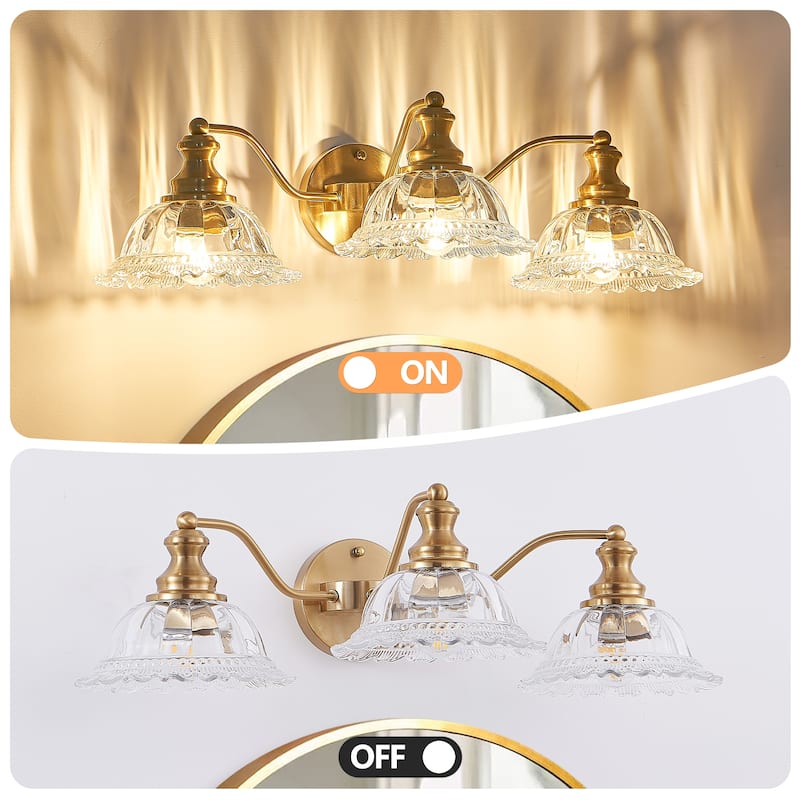 24 Inch 3-Light Vintage Bathroom Wall Sconce, Metal and Glass Lampshade Vanity Light Fixture