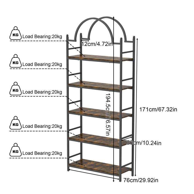 5-tier Bookcase Stand Metal Wood Structure - 30 in. W X 10 in. D X 77 in. H