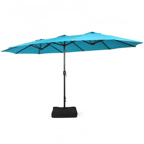 15 Feet Double-Sided Twin Patio Umbrella with Crank and Base Coffee in Outdoor Market-Turquoise