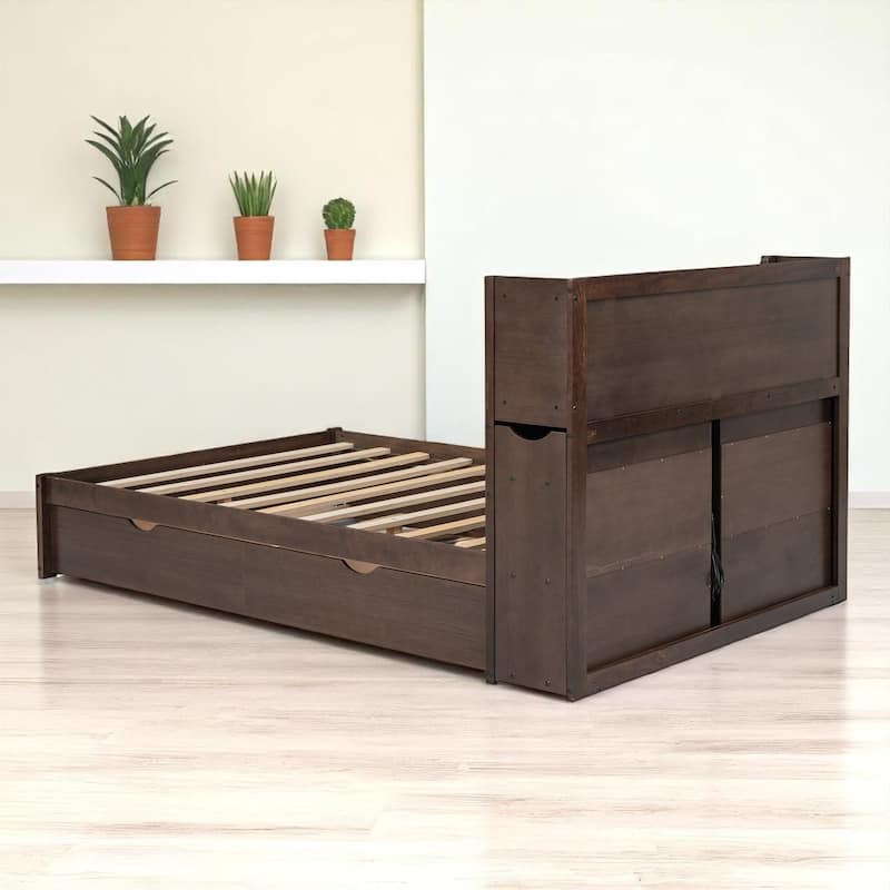 Full Storage Bed with Trundle, Headboard Shelves, USB Charging Port & 2 Drawers, Pine Wood Frame