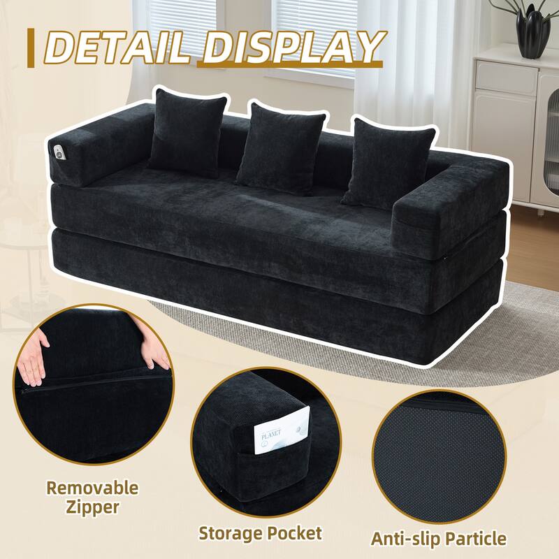 6-in-1 Folding Memory Foam Sleeper Sofa Bed Chenille Floor Chaise Lounge Couch with Side Pocket, Removable & Washable Cover